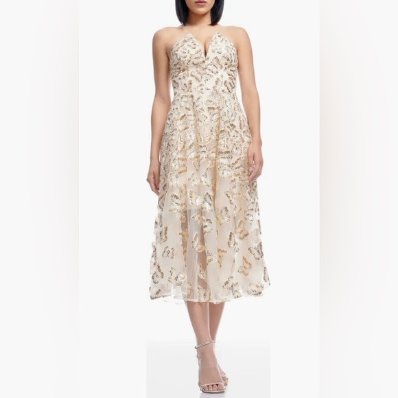 Dress the Population Briella Sequin Butterfly Strapless Dress champagne XL NWT - Picture 1 of 5